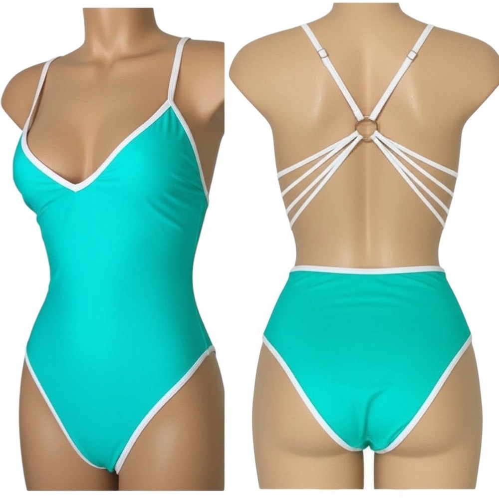 New Large Mint Strappy Bathing Suit Swimsuit O-Ring Backless Padded‎ V-neck